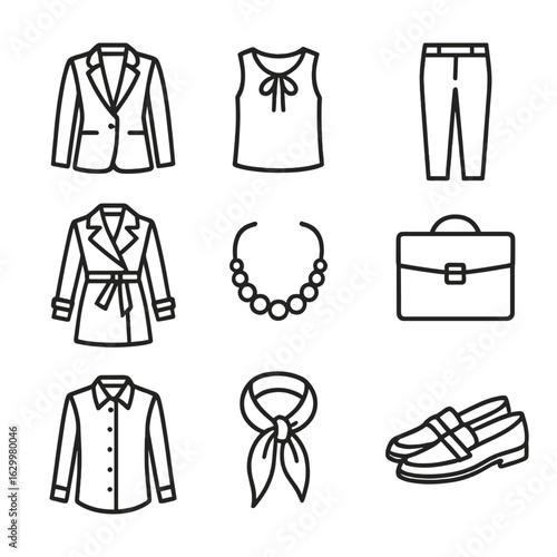 Business-Casual Icon Set. Outline icon set of business-casual workwear layering: fitted blazer, silk blouse, tailored trousers,