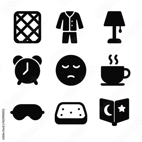 Bedtime Routine Icons. Solid, filled icon set of bedtime routine: quilted blanket, pajamas, night lamp, alarm clock, sleepy face,