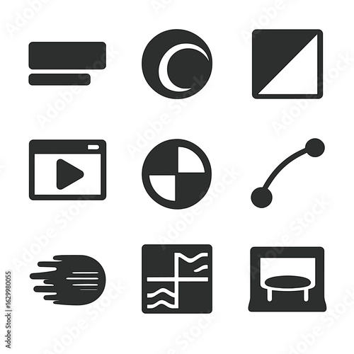 Broadcast Graphic Icons. Solid, filled icons set of broadcast graphics elements: lower third banner, animated