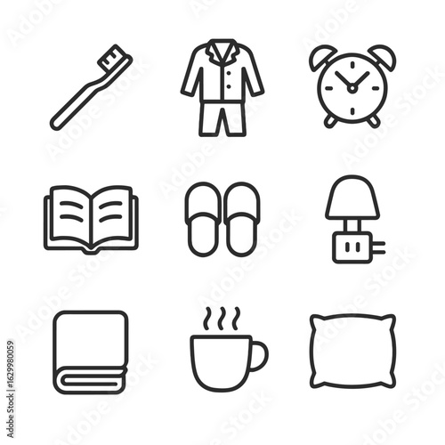 Bedtime Icons Grid. Outline icon set of bedtime routine: toothbrush, pajamas, alarm clock, book, slippers, night light, blanket,
