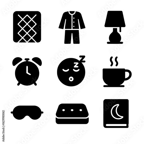 Bedtime Routine Icons. Solid, filled icon set of bedtime routine: quilted blanket, pajamas, night lamp, alarm clock, sleepy face,