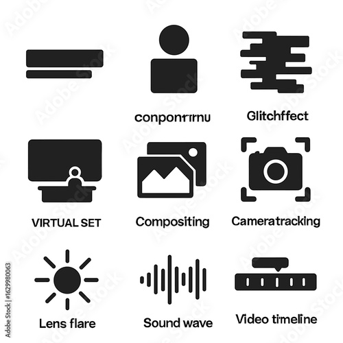 Broadcast Icon Grid. Solid, filled icons set of broadcast visuals: lower third, logo animation, glitch effect,