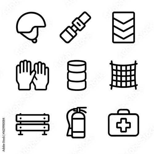 Collision Safety Icons. Outline icon set of collision safety equipment: helmet, seatbelt, crash cushion, protective gloves,