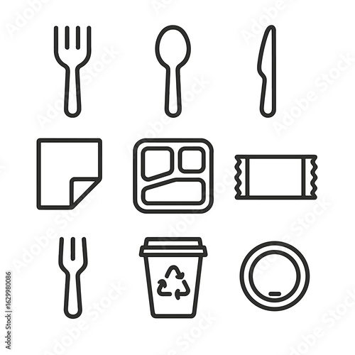 Disposable Cutlery Icons. Outline icon set of disposable cutlery: plastic fork, wooden spoon, biodegradable knife, paper napkin,