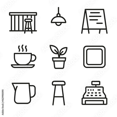 Café Bar Icon Set. Outline icon set of café bar ambiance: wood bar counter, pendant lamp, coffee cup, menu chalkboard, potted