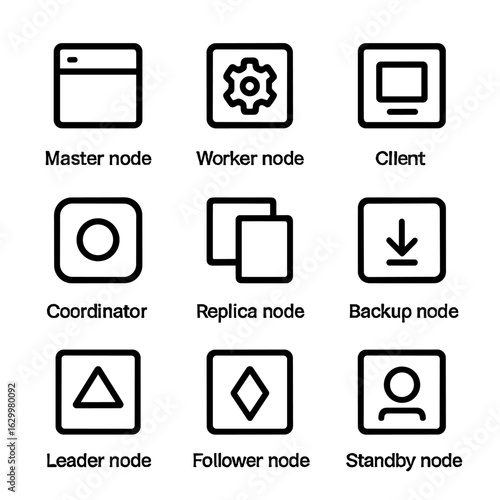 Distributed System Icons. Outline icon set of distributed system nodes: master node, worker node, client node, coordinator node,