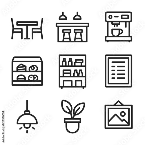 Cafe Setup Icon Set. Outline icon set of café interior setup checklist: dining table, bar counter, coffee machine, pastry display