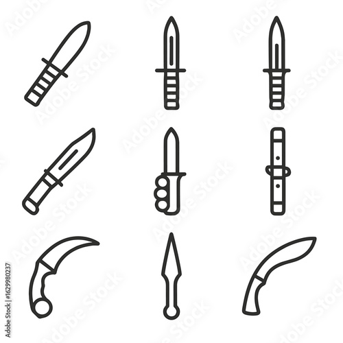 Combat Knives Icon Set. Outline icon set of combat knives: tactical knife, bayonet, combat dagger, survival knife, trench knife,