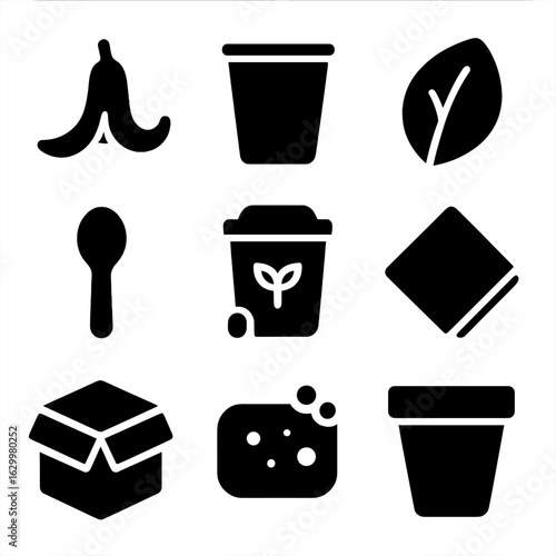 Biodegradable Icons Grid. Solid, filled icon set of biodegradable products: banana peel, paper cup, leaf plate, wooden spoon,