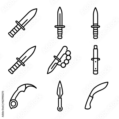 Combat Knives Icon Set. Outline icon set of combat knives: tactical knife, bayonet, combat dagger, survival knife, trench knife,