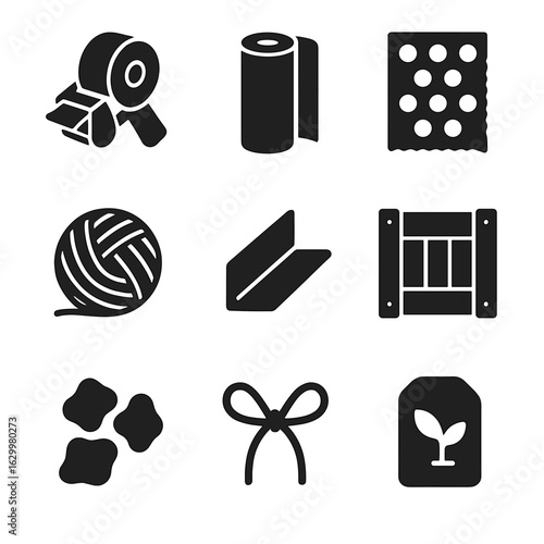 Biodegradable Shipping Icons. Solid, filled icon set of biodegradable shipping accessories: paper tape dispenser, kraft paper roll