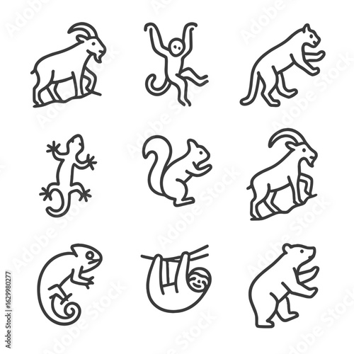 Climbing Animals Icons. Outline icon set of climbing animals: mountain goat, spider monkey, leopard, gecko, squirrel, ibex,