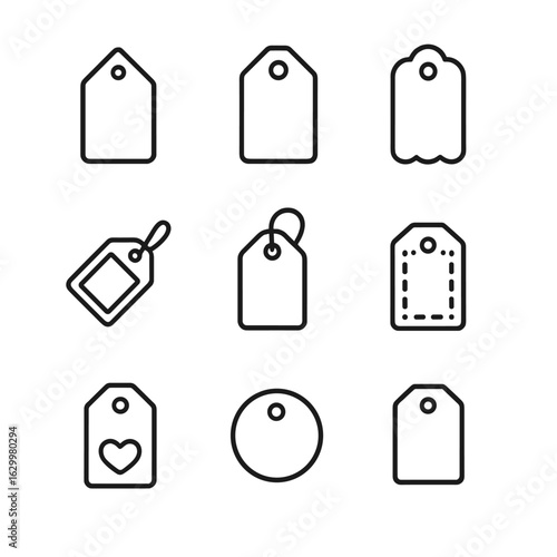 DIY Tag Icon Set. Outline icon set of DIY tags: blank kraft tag, hole-punched tag, scalloped edge tag, mini chalkboard tag, twine