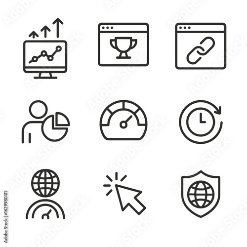 Domain Analytics Icons. Outline icon set of domain analytics: traffic, ranking, backlinks, SEO score, domain authority, visitor