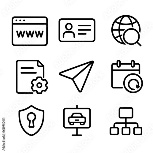 Domain Icons Grid. Outline icon set of domain registration: domain name, registrar, WHOIS lookup, DNS settings, domain transfer,