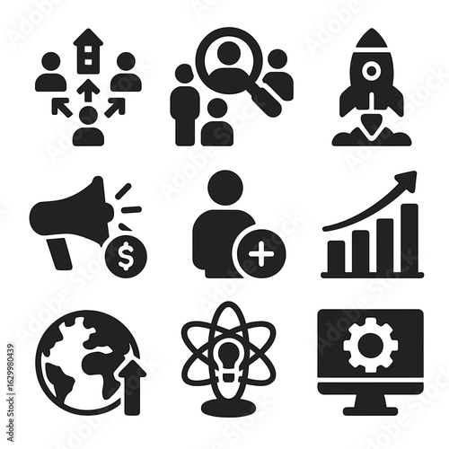 Business Growth Icons. Solid, filled icons set of business growth and scaling: expansion, hiring, product