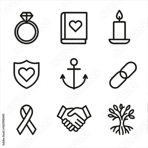 Commitment Icon Set. Outline icon set of commitment: engagement ring, vow book, candlelight, heart shield, anchor, chain, ribbon,