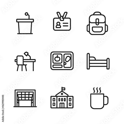 Campus Life Icons. Outline icon set of campus life essentials: lecture podium, student ID badge, backpack pack, library desk,