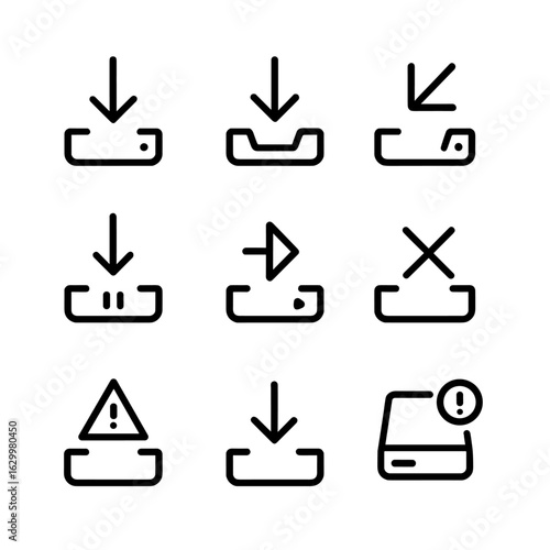 Download Icons Set. Outline icon set of download notifications: new download, download finished, download failed, download paused,