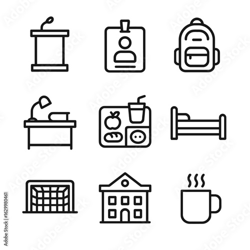 Campus Life Icons. Outline icon set of campus life essentials: lecture podium, student ID badge, backpack pack, library desk,