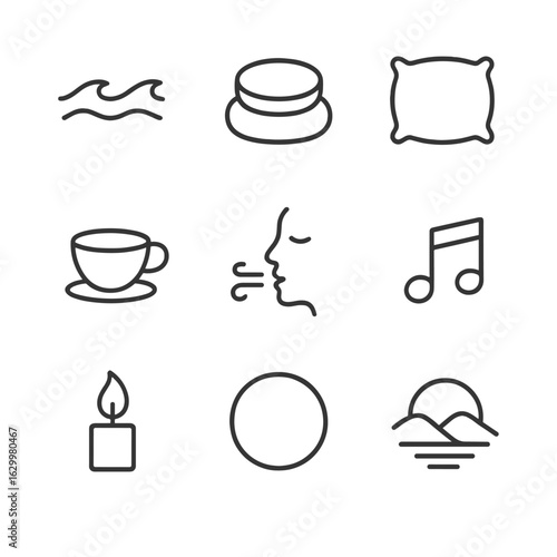Dream and Sleep Icons. Outline icon set of dream relaxation: calming wave, meditation cushion, soft pillow, tea cup silhouette,