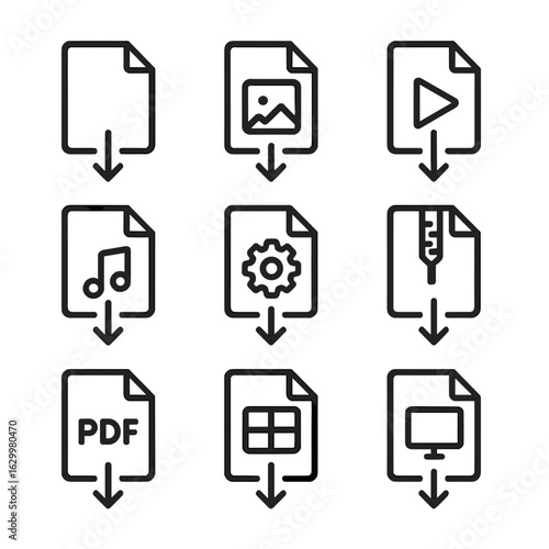 Download Icons Grid. Outline icon set of file download types: document download, image download, video download, audio download,