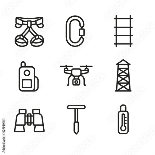 Canopy Research Tools Icons. Outline icon set of canopy research equipment: climbing harness, carabiner, rope ladder, telemetry