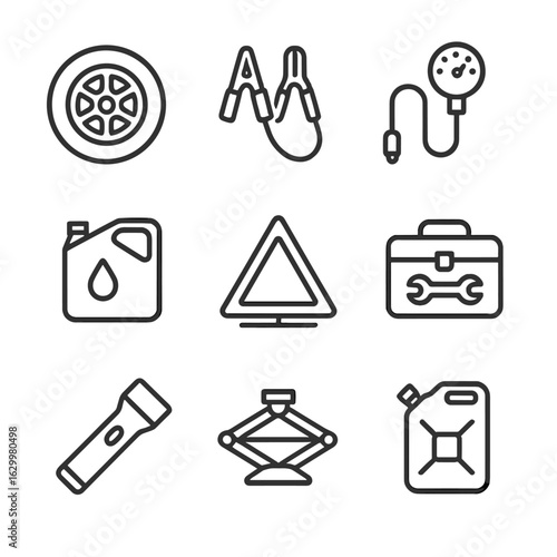 Car Maintenance Line Icons. Outline icon set of car maintenance and emergencies: spare tire, jumper cables, tire pressure gauge,