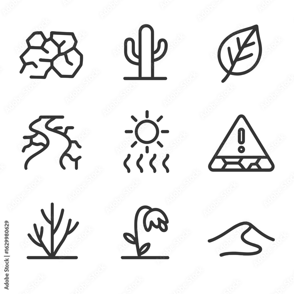 Naklejka premium Drought Icon Set. Outline icon set of dry: cracked earth, desert cactus, dry leaf, sun with heat waves, parched riverbed, drought