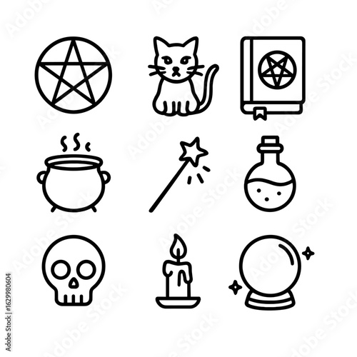 Black Magic Icons. Outline icon set of black magic tools: pentagram, black cat, spell book, cauldron, wand, potion bottle, skull,
