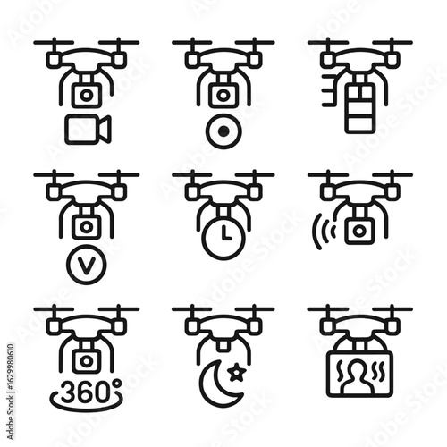 Drone Camera Icons. Outline icon set of drone camera recording modes: video recording, photo capture, burst mode, slow motion,