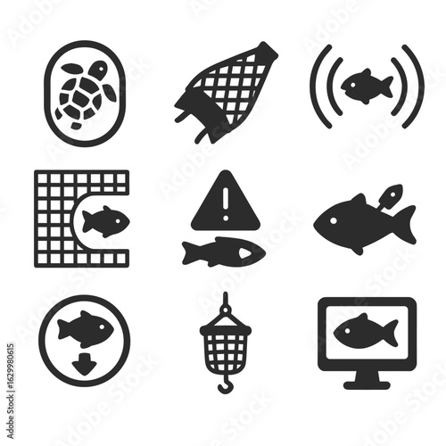 Bycatch Reduction Icons. Solid, filled icons set of bycatch reduction methods: turtle excluder device,