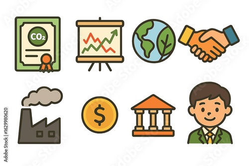 Carbon Trading Illustration. Flat vector mini-illustrations carbon trading markets overview in colors children's illustrations: