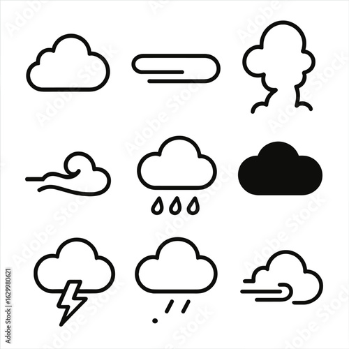 Cloud Icon Collection. Outline icon set of raincloud shapes: cumulus cloud, stratus cloud, nimbostratus, cumulonimbus, wispy cloud