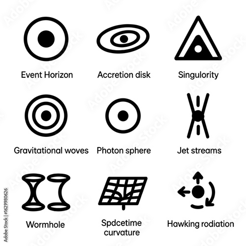 Black Hole Icon Set. Solid, filled icon set of Black hole phenomena: event horizon, accretion disk, singularity, gravitational