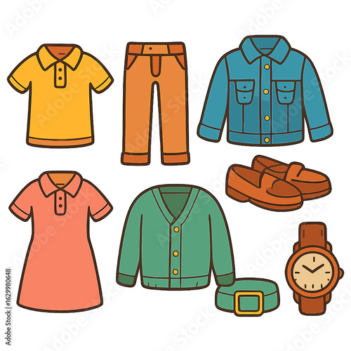 Casual Outfit Icons. Flat vector mini-illustrations corporate casual outfits in colors children's illustrations: polo shirt,