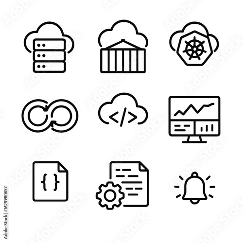 Cloud DevOps Icon Set. Outline icon set of cloud coding and DevOps: cloud server, container, Kubernetes, CI/CD pipeline,