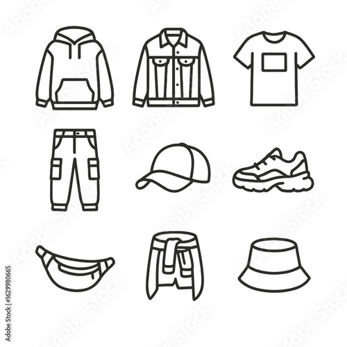 Casual Streetwear Icons Set. Outline icon set of casual streetwear layering: oversized hoodie, denim jacket, graphic tee, cargo