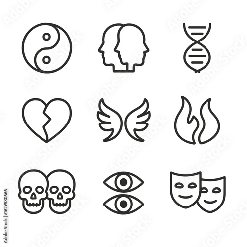 Duality Icon Collection. Outline icon set of duality symbols: yin-yang, two faces, double helix, split heart, mirrored wings, twin