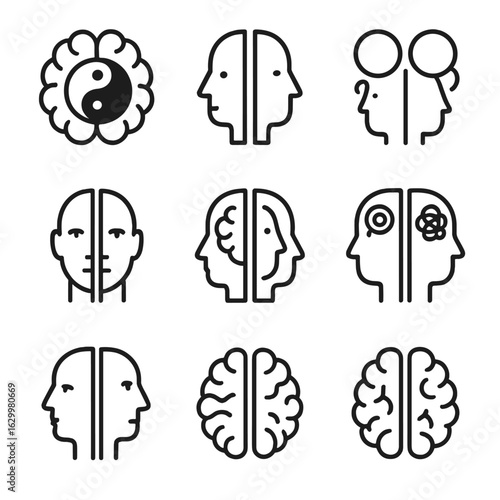 Dual Mind Icon Set. Outline icon set of duality and mind split: yin-yang brain, two-faced head, divided thoughts, mirrored minds,