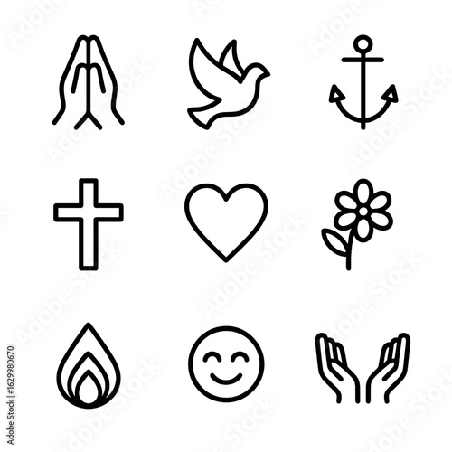 Blessing Words Icons. Outline icon set of blessing words: Amen, peace, hope, faith, love, grace, mercy, joy, blessing. Line icons