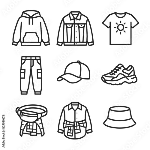 Casual Streetwear Icons Set. Outline icon set of casual streetwear layering: oversized hoodie, denim jacket, graphic tee, cargo