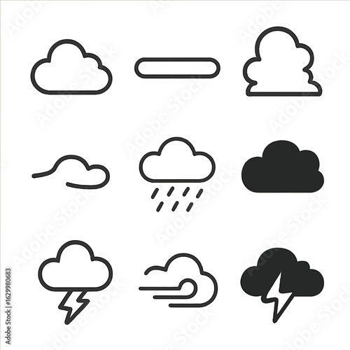 Cloud Icon Collection. Outline icon set of raincloud shapes: cumulus cloud, stratus cloud, nimbostratus, cumulonimbus, wispy cloud