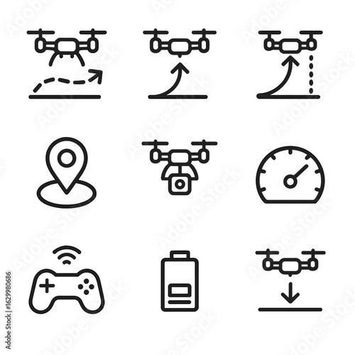 Drone Trajectory Icons. Outline icon set of trajectory of a drone: flight path, lift-off, altitude, GPS, camera, speed, control,