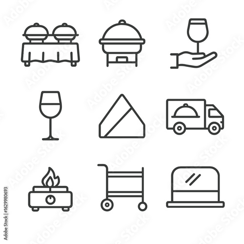 Catering Icons Grid. Outline icon set of catering service items: buffet table, chafing dish, serving tray, wine glass, folded