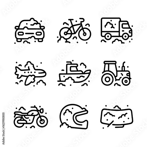 Dusty Vehicle Icon Set. Outline icon set of dusty vehicles: dusty car, dusty bike, dusty truck, dusty plane, dusty boat, dusty