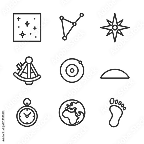 Celestial Navigation Icons. Outline icon set of celestial navigation and identity: star map, constellation lines, compass rose,