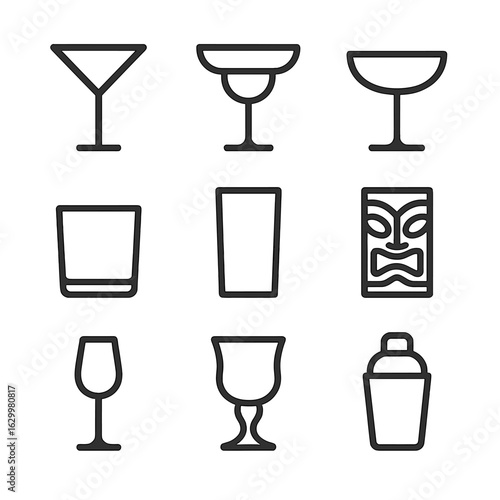 Cocktail Glass Icon Set. Outline icon set of cocktail glassware: martini glass, margarita glass, coupe glass, old fashioned glass,