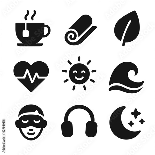 Calming Icons Set. Solid, filled icons set of overcoming anxiety and stress: calming tea cup, yoga mat, nature
