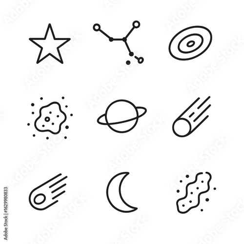 Celestial Icon Grid. Outline icon set of celestial objects: star, constellation, galaxy, nebula, planet, comet, meteor, moon,